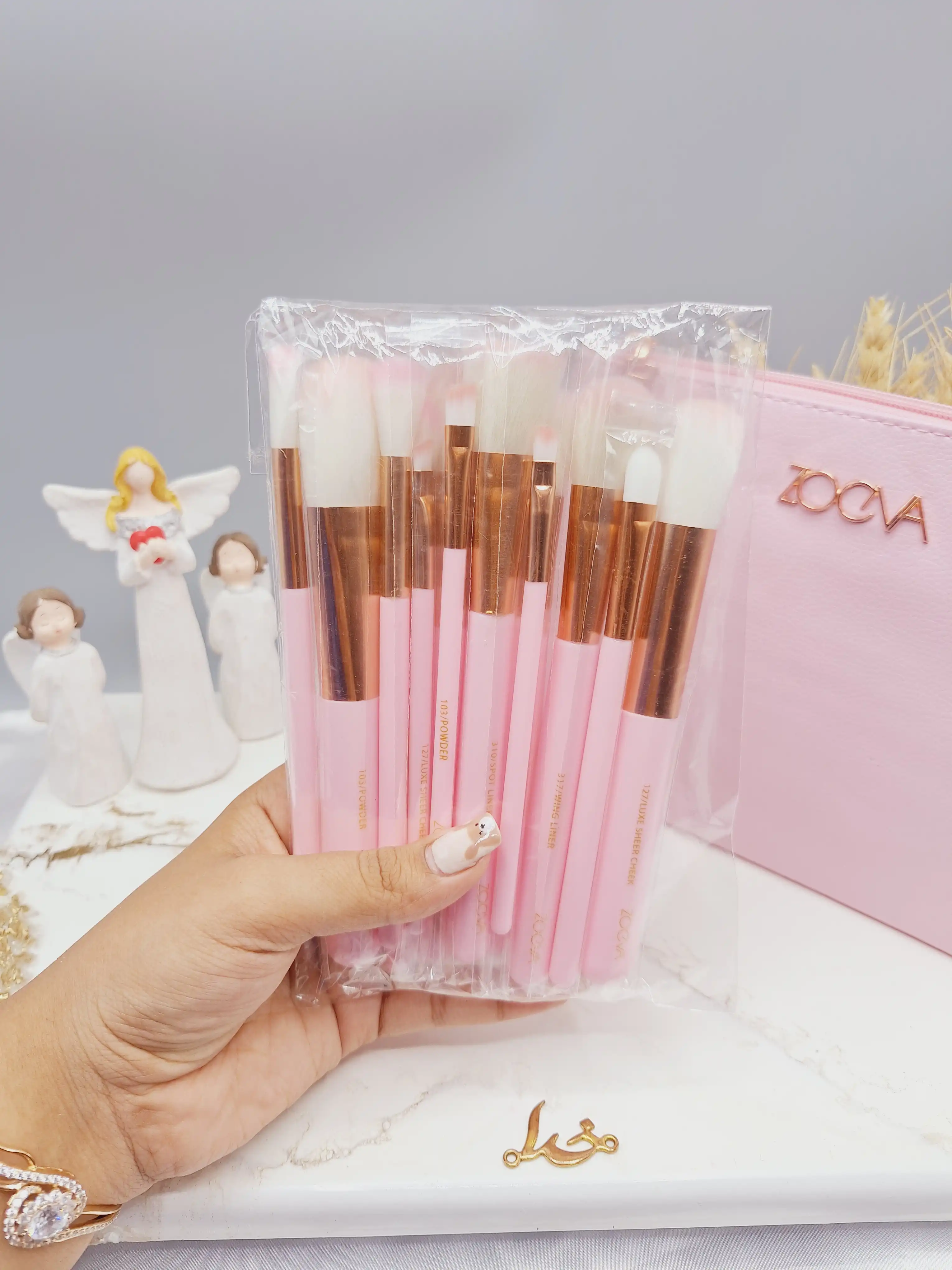 ست براش صورتی 15 عددی لاکچری زووا با کیف چرمی کیفیت متوسط